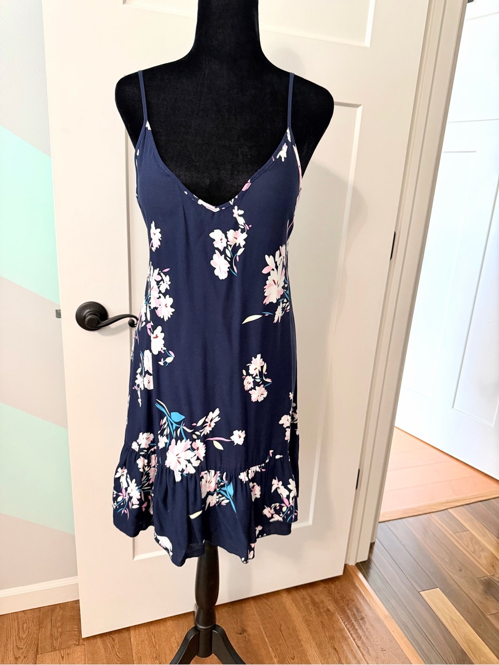 Boho summer mini strappy dress navy blue pink ruffle cottagecore festival XS